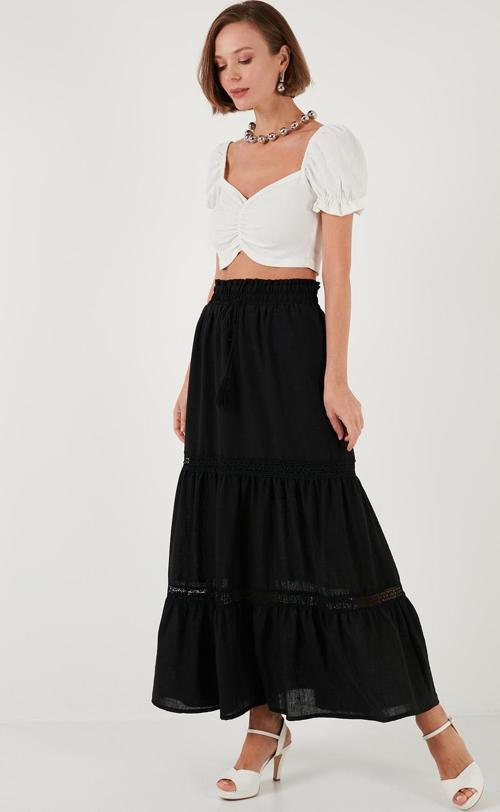 Güpürlü Beli Lastikli Uzun Bayan Etek 611ET0106 SİYAH