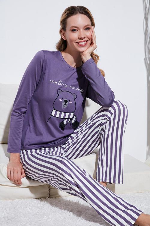 Regular Fit Desenli Bisiklet Yaka Bayan Pijama Takımı 65719102 LİLA