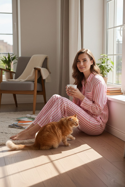 Desenli Rahat Kesim Bol Paça Yazlık Bayan Pijama Takımı 6110014 PEMBE