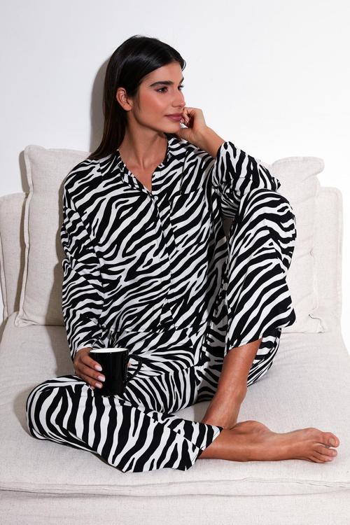 Desenli Rahat Kesim Bol Paça Yazlık Bayan Pijama Takımı 6110014 SİYAH-BEYAZ