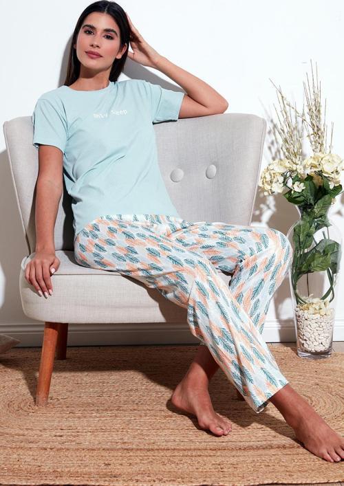 Regular Fit Bisiklet Yaka Kısa Kollu Bayan Pijama Takımı 65770105 MİNT