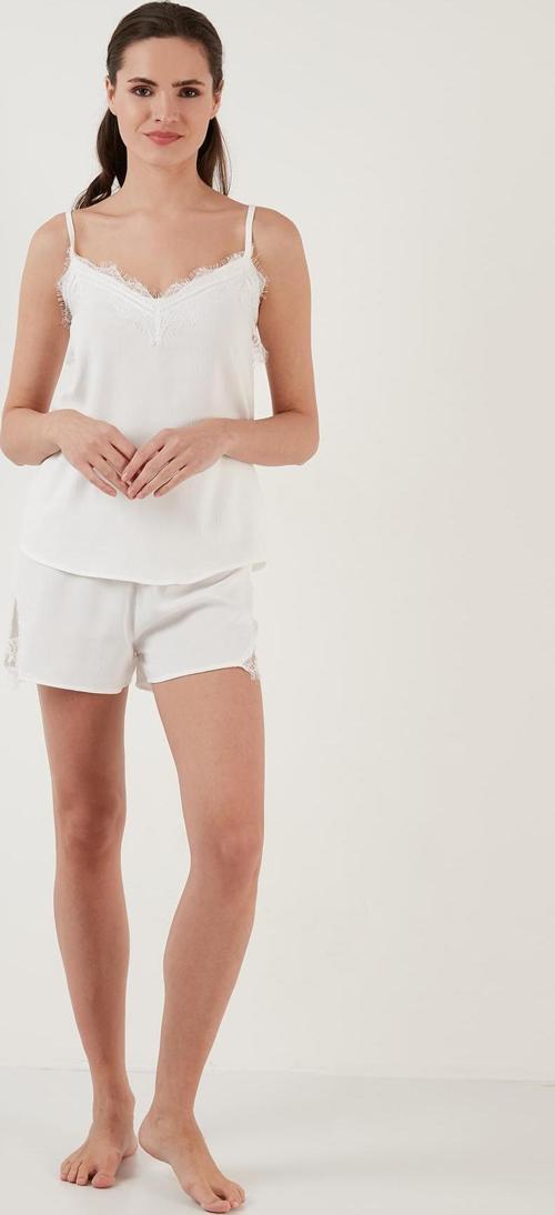 Dantelli V Yaka İp Askılı Mini Şortlu Bayan Pijama Takımı 6110300 EKRU
