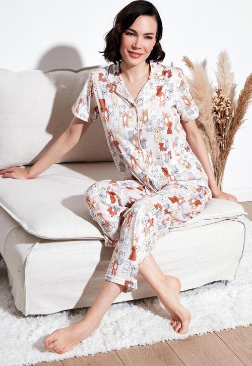 Desenli Kısa Kollu Beli Lastikli Gömlek Yaka Dokuma Regular Fit Bayan Pijama Takımı 6571010 BEJ