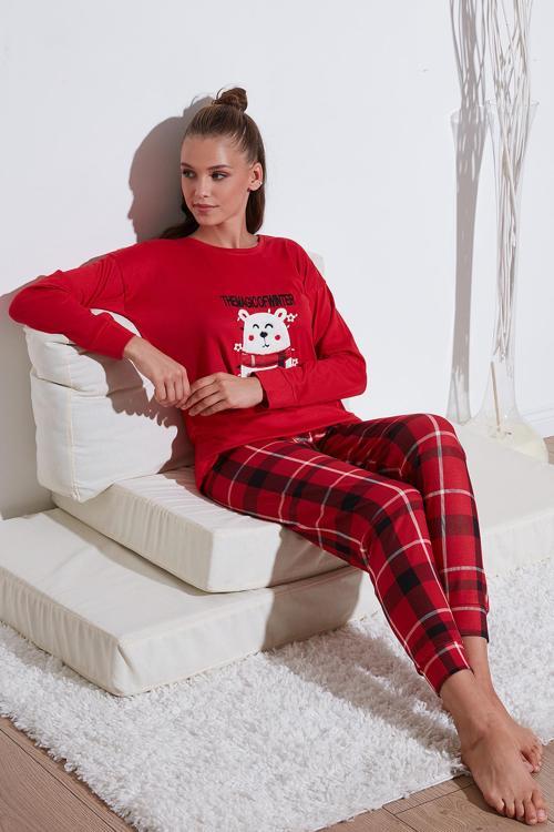 Streç Standart Fit Bisiklet Yaka Desenli Bayan Pijama Takımı 6095700 KIRMIZI