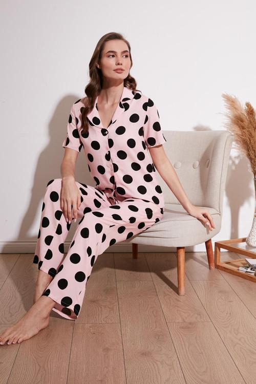 Rahat Kesim Bol Paça Mono Yaka Kısa Kollu Bayan Pijama Takımı 6110290 PEMBE