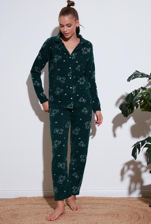 Standart Fit Düğmeli Polarlı Bayan Pijama Takımı 6095616 YEŞİL