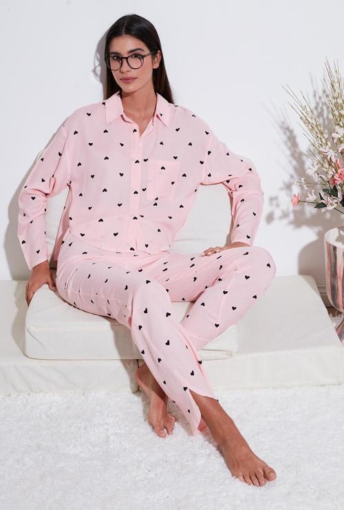 Desenli Rahat Kesim Bol Paça Yazlık Bayan Pijama Takımı 6110014 TOZ PEMBE