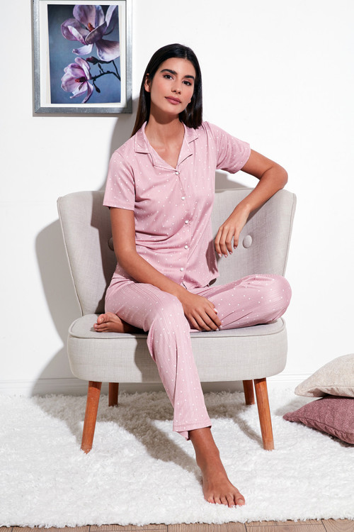 Regular Fit Gömlek Yaka Kısa Kollu Bayan Pijama Takımı 65780124 PUDRA