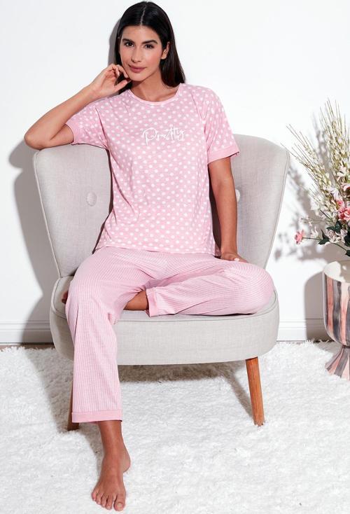 Regular Fit Bisiklet Yaka Kısa Kollu Bayan Pijama Takımı 65790130 PUDRA
