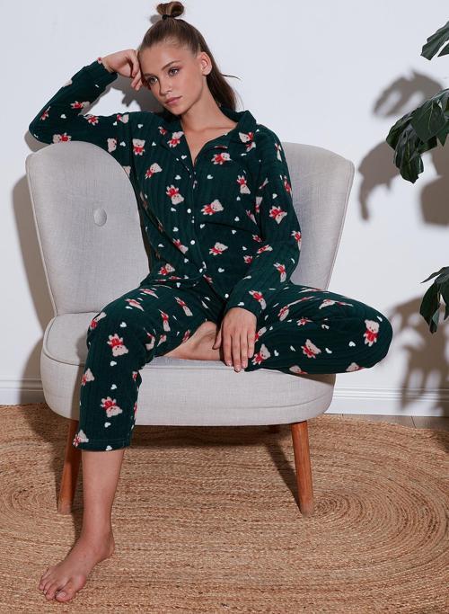 Standart Fit Düğmeli Polarlı Bayan Pijama Takımı 6095615 YEŞİL