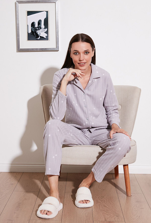 Regular Fit Gömlek Yaka Önden Düğmeli Polar Bayan Pijama Takımı 6571009W4 GRİ