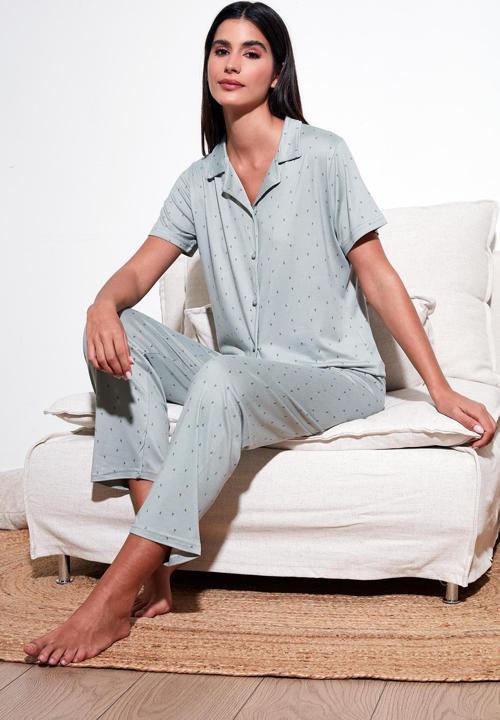 Desenli Regular Fit Gömlek Yaka Bayan Pijama Takımı 65750101 MİNT