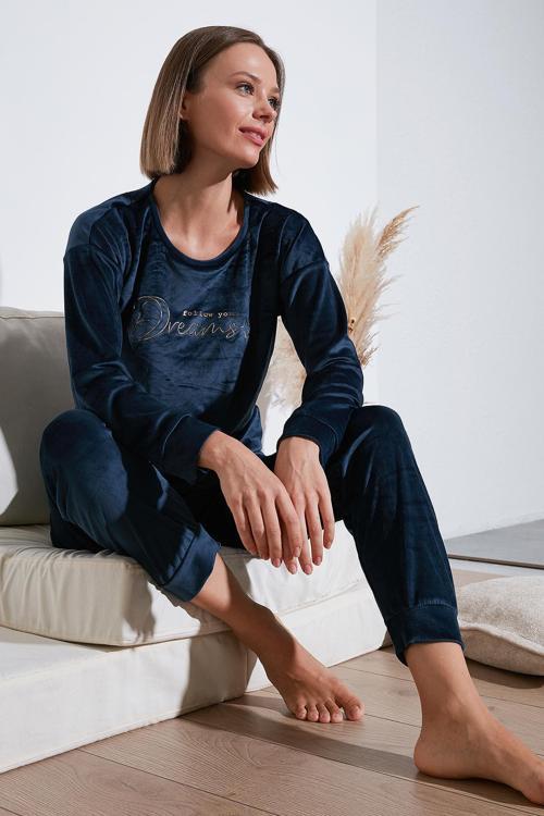 Standart Fit Bisiklet Yaka Yumuşak Kadife Bayan Pijama Takımı 6094202 LACİVERT
