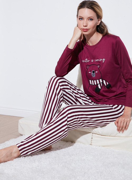 Regular Fit Desenli Bisiklet Yaka Bayan Pijama Takımı 65719102 MÜRDÜM