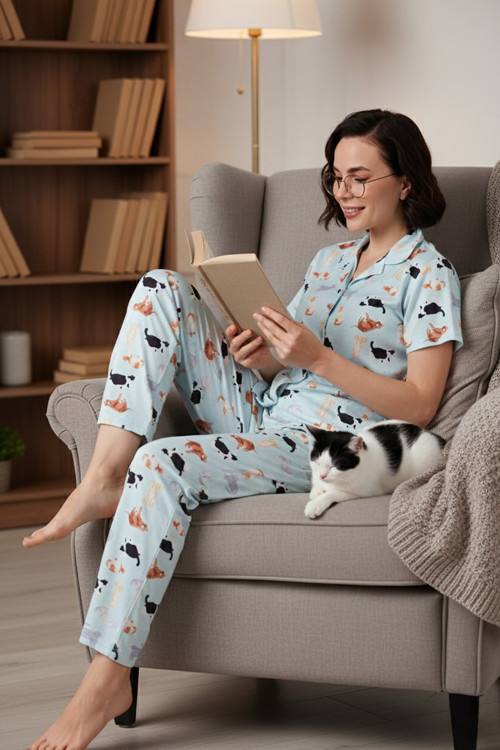 Desenli Kısa Kollu Beli Lastikli Gömlek Yaka Dokuma Regular Fit Bayan Pijama Takımı 6571010 MİNT