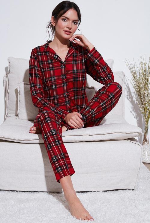 Streç Regular Fit Apaş Yaka Beli Lastikli Bayan Pijama Takımı 65720501 KIRMIZI-YEŞİL