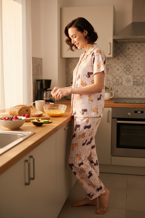 Desenli Kısa Kollu Beli Lastikli Gömlek Yaka Dokuma Regular Fit Bayan Pijama Takımı 6571010 PEMBE