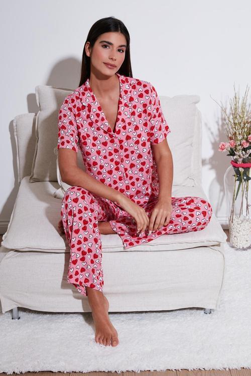 Rahat Kesim Bol Paça Mono Yaka Kısa Kollu Bayan Pijama Takımı 6110290 TOZ PEMBE