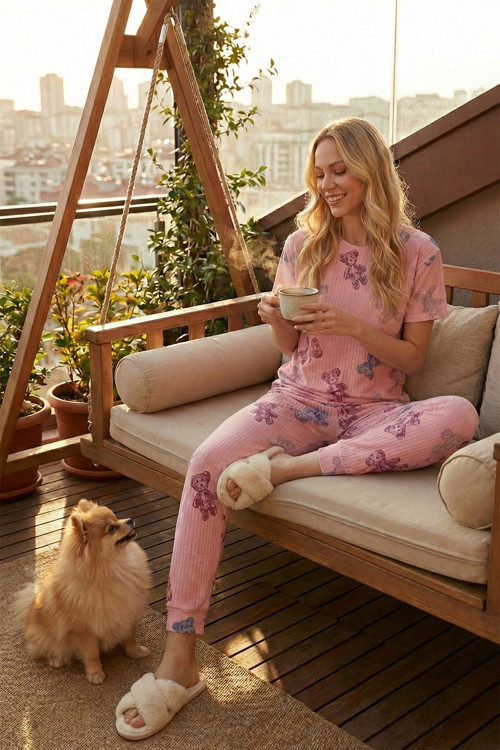 Regular Fit Kısa Kollu Bayan Pijama Takımı 65740104 PEMBE