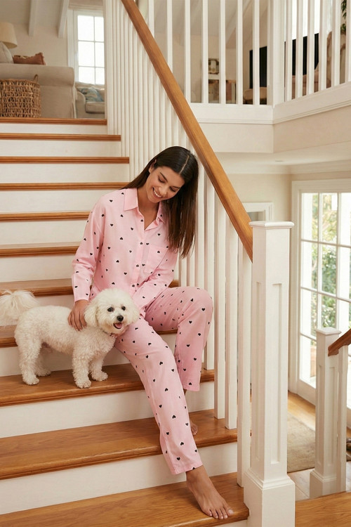 Desenli Rahat Kesim Bol Paça Yazlık Bayan Pijama Takımı 6110014 TOZ PEMBE