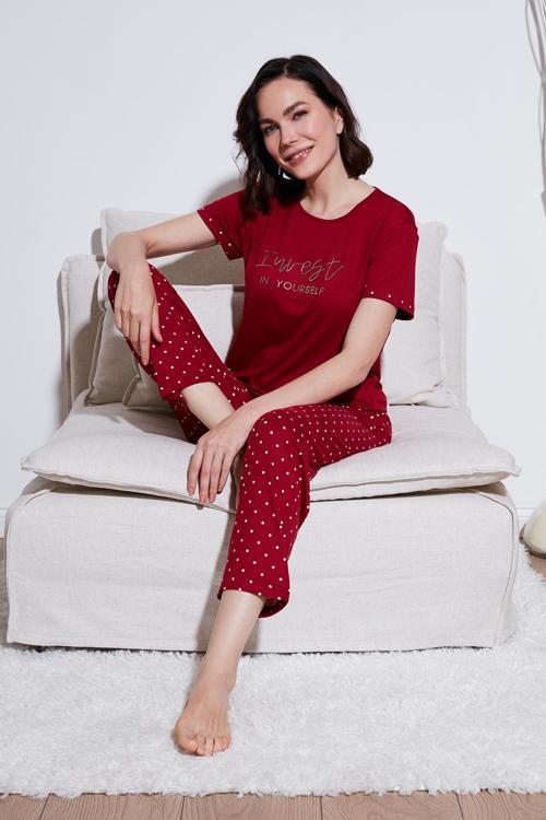 Yumuşak Dokulu Bisiklet Yaka Bayan Pijama Takımı 6097605 BORDO