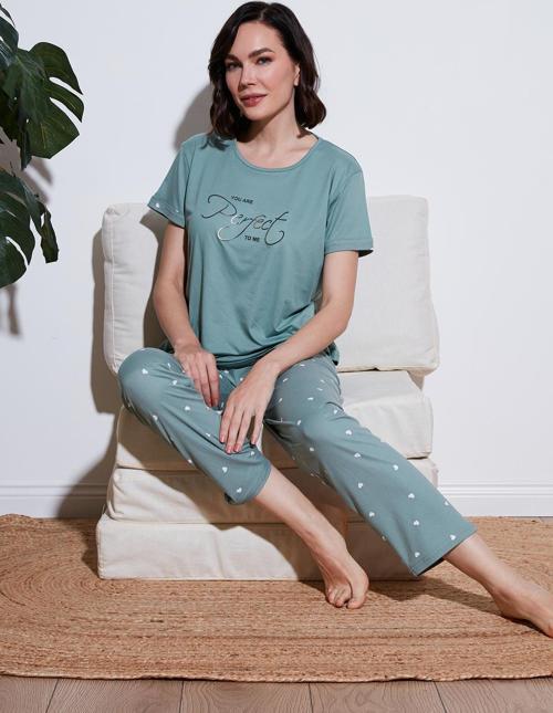 Yumuşak Dokulu Bisiklet Yaka Bayan Pijama Takımı 6097605 YEŞİL