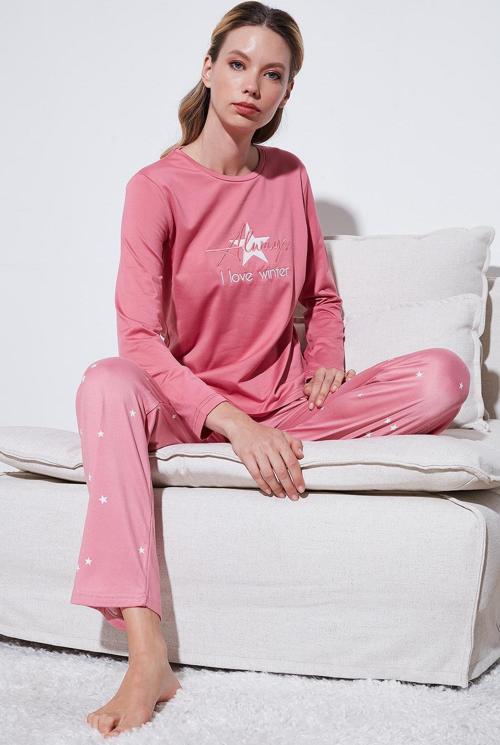Regular Fit Desenli Bisiklet Yaka Bayan Pijama Takımı 65719102 PEMBE