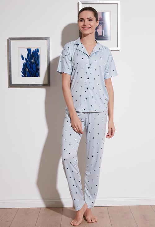 Desenli Kısa Kollu Beli Lastikli Gömlek Yaka Dokuma Bayan Pijama Takımı 6097515 AÇIK MAVİ