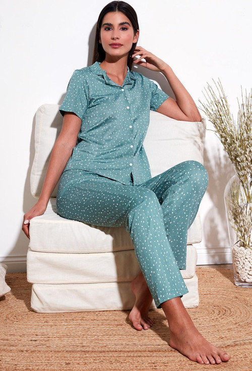 Regular Fit Gömlek Yaka Kısa Kollu Bayan Pijama Takımı 65780124 MİNT