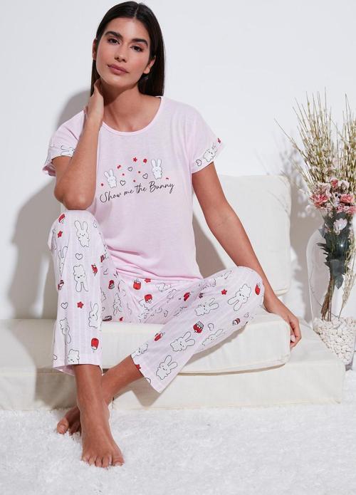 Regular Fit Bisiklet Yaka Kısa Kollu Pijama Takım Bayan Pijama Takımı 6097310 TOZ PEMBE