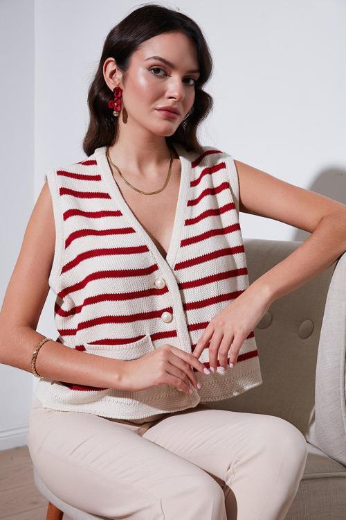Çizgili Oversize Fit V Yaka Düğmeli Bayan Yelek 4616175 EKRU-KIRMIZI