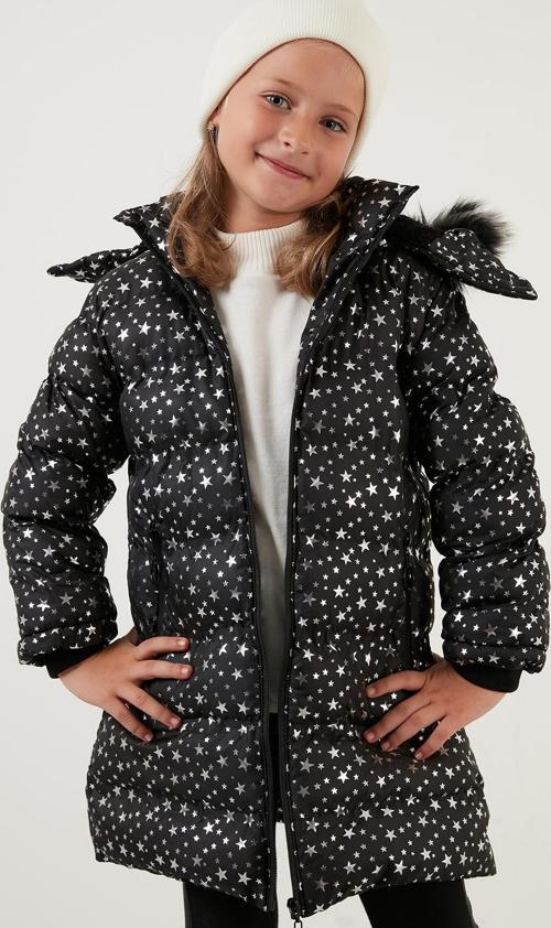 Yakası Suni Kürklü Yıldız Desenli Çıkarılabilir Kapüşonlu Peluş Astarlı Kışlık Kız Çocuk Mont 5760031 SİYAH