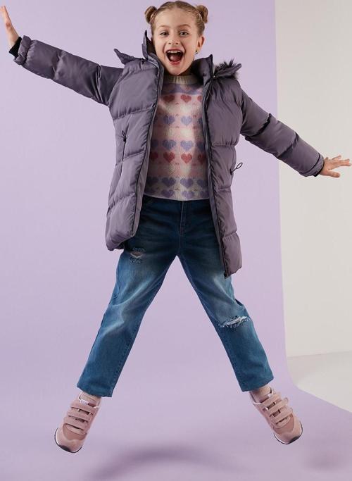 Peluş Astarlı Yakası Suni Kürklü Çıkarılabilir Kapüşonlu Kışlık Kız Çocuk Mont 5760072 LİLA