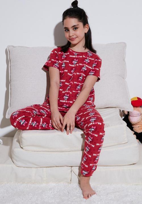 % 100 Pamuk Bisiklet Yaka Kısa Kollu Kız Çocuk Pijama Takımı 6651004 KIRMIZI
