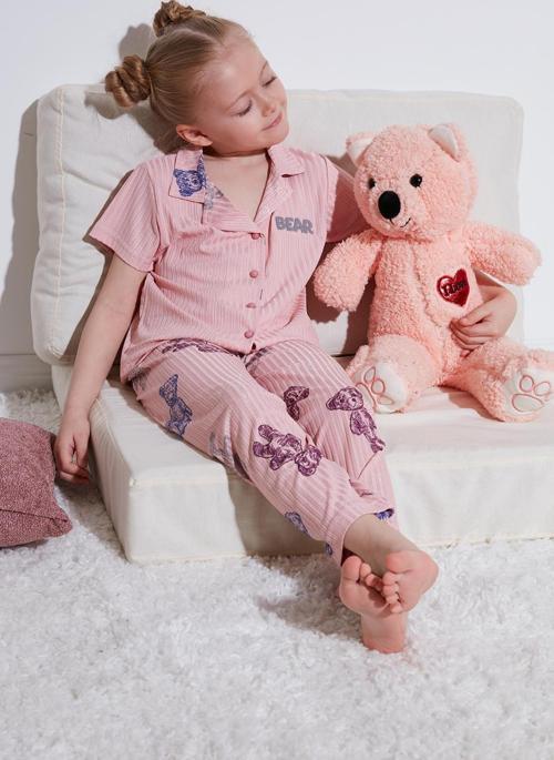 Baskılı Beli Lastikli Gömlek Yaka Kısa Kollu Kız Çocuk Pijama Takımı 6576001 AÇIK PEMBE