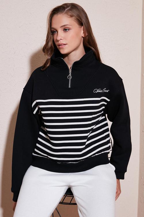 Streç Oversize Fit Yarım Fermuarlı Dik Yaka Bayan Sweat 5865883 SİYAH