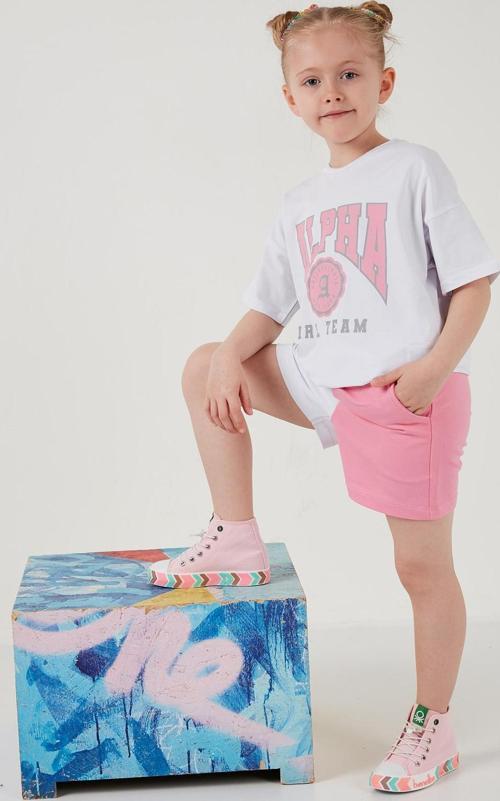 Pamuklu Baskılı Bisiklet Yaka Şortlu Alt-Üst Kız Çocuk Takım 6212006 BEYAZ