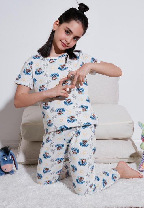 % 100 Pamuk Bisiklet Yaka Kısa Kollu Kız Çocuk Pijama Takımı 6651004 EKRU-MAVİ