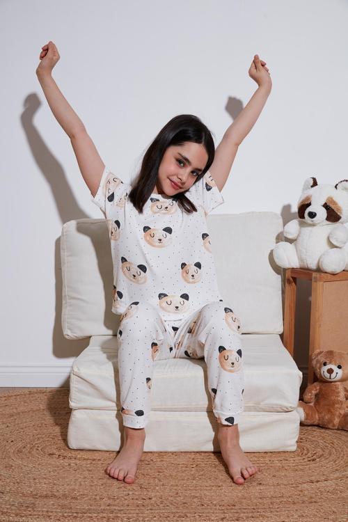 % 100 Pamuk Bisiklet Yaka Kısa Kollu Kız Çocuk Pijama Takımı 6651002 EKRU