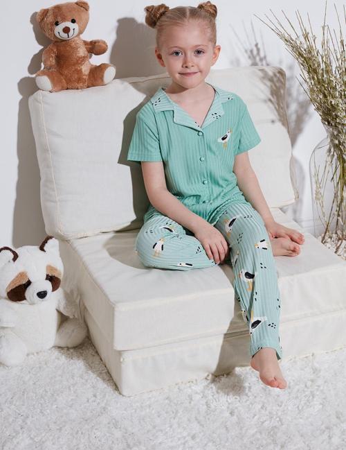 Baskılı Beli Lastikli Gömlek Yaka Kısa Kollu Kız Çocuk Pijama Takımı 6576001 MİNT