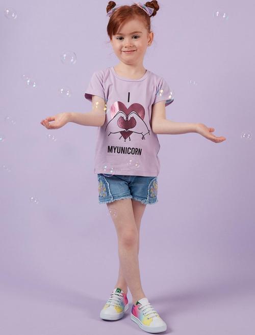 Baskılı Bisiklet Yaka Pamuklu Kız Çocuk T Shirt 6211027 LİLA