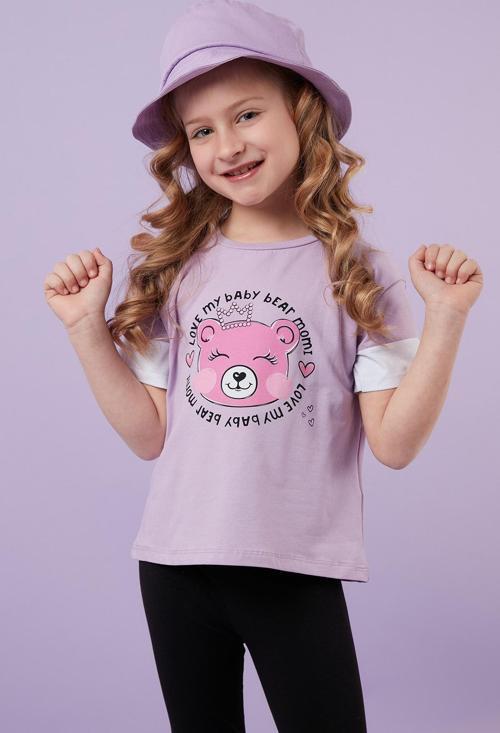 Pamuklu Baskılı Bisiklet Yaka Kız Çocuk T Shirt 6211038 LİLA