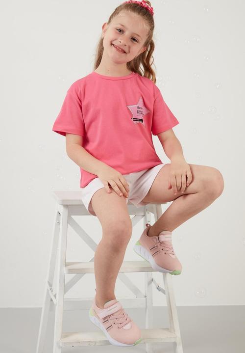 Baskılı Bisiklet Yaka Pamuklu Kız Çocuk T Shirt 6211046 Açık Nar