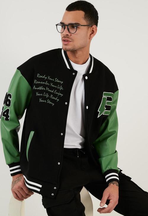 Oversize Kolej Yaka Cepli Bomber Erkek Ceket 628MNH171 SİYAH