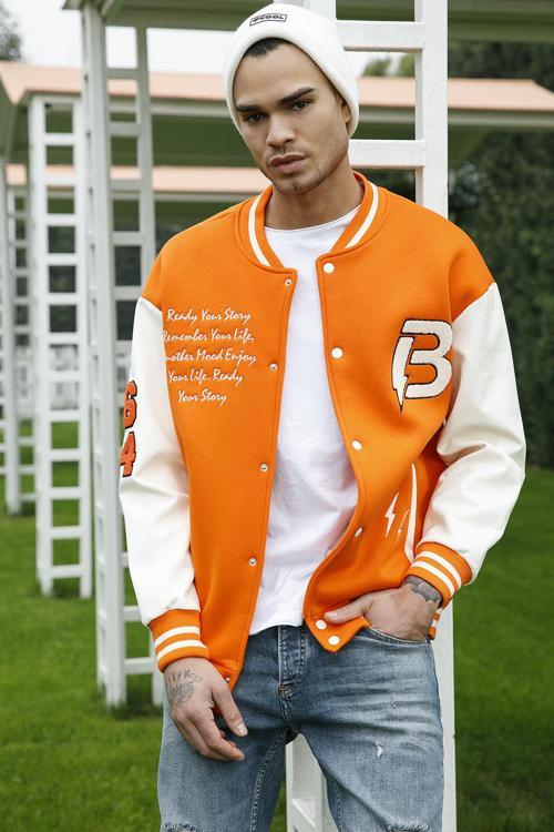 Oversize Kolej Yaka Cepli Bomber Erkek Ceket 628MNH171 ORANGE