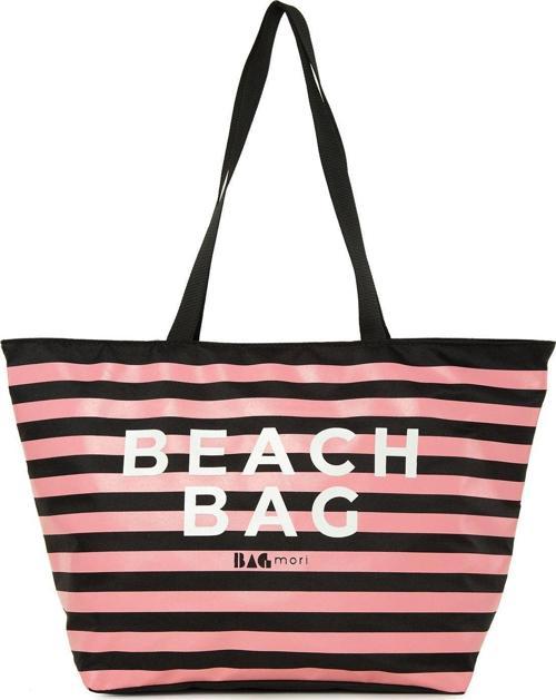Çizgili Beach Bag Baskılı Plaj Çantası Siyah