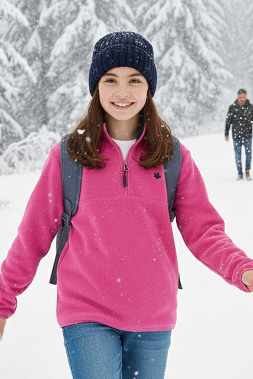 Yumuşak Dokulu Fermuarlı Dik Yaka Şardonlu Kışlık Unisex Çocuk Polar 5905002 FUŞYA