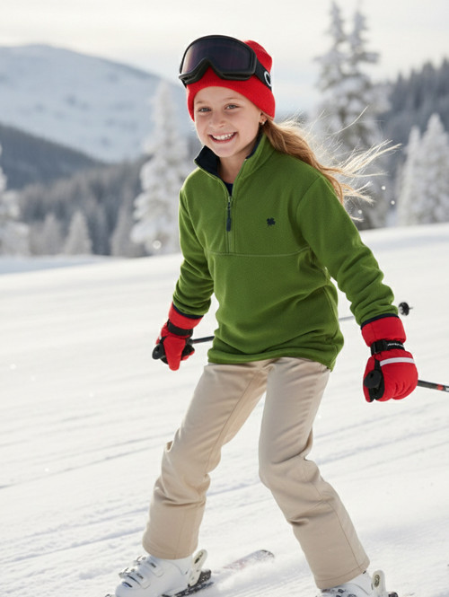 Yumuşak Dokulu Fermuarlı Dik Yaka Şardonlu Kışlık Unisex Çocuk Polar 5905002 FISTIK YEŞİL