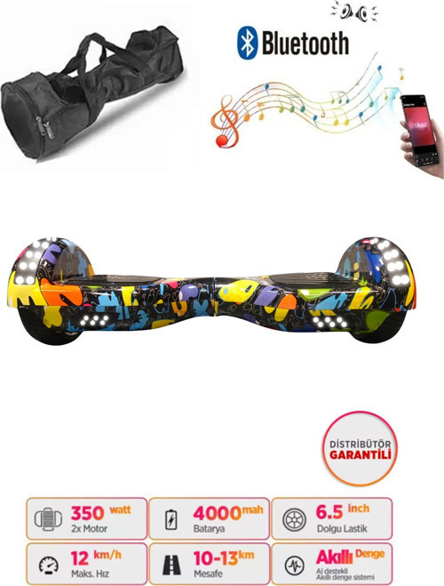 Elektrikli Kaykay Full Ledli Hoverboard Bluetooth Hoparlörlü 6.5 Inch Çanta Hediyeli D08