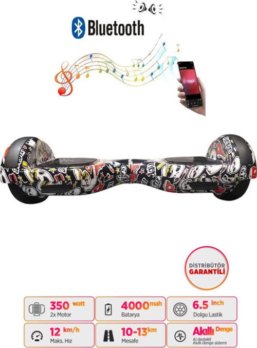 Elektrikli Kaykay Bluetoothlu Hoverboard 6.5 Inch Grafity Desenli Akıllı Denge Özelliği - D14